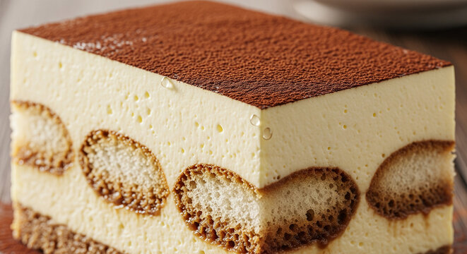 Indulge in a slice of delicious Italian tiramisu, a creamy coffee-flavored dessert creation
