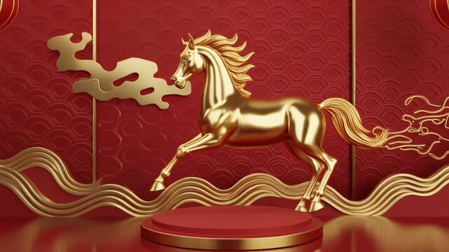A dramatic 3D render of a golden horse rearing up, set against a vibrant red background 