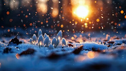 A close-up view of snow-covered plants in a forest, with a warm sunlight and bokeh effect creating a magical winter scene.