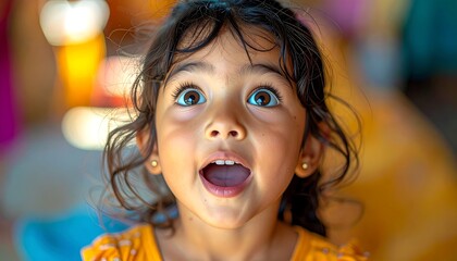 A young girl's eyes widen in surprise and awe, captured in a moment of pure wonder