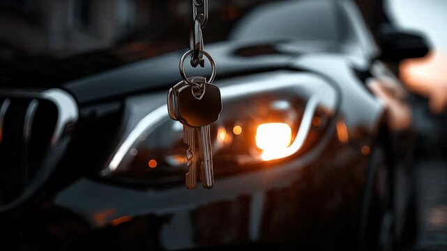 Closeup of Car Keys Hanging in Front of Black Luxury Vehicle at Golden Hour