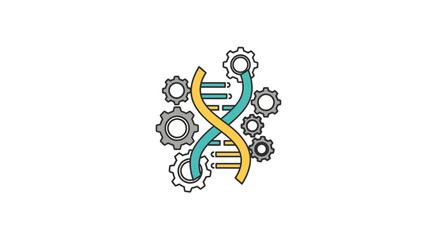 Dynamic DNA strand with gears for science and technology applications, representing innovation, genetic engineering, and scientific progress in a modern design