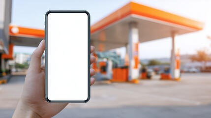 Smartphone Copy Space – Gas Station Background – Fuel Pump Outdoor Mockup