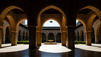 Fototapeta premium Sunlit Islamic Courtyard with Ornate Arches and Central Fountain