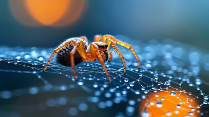 Close-up of a spider on its web, covered in water droplets, with blurred background and bokeh effect, showcasing nature's beauty.