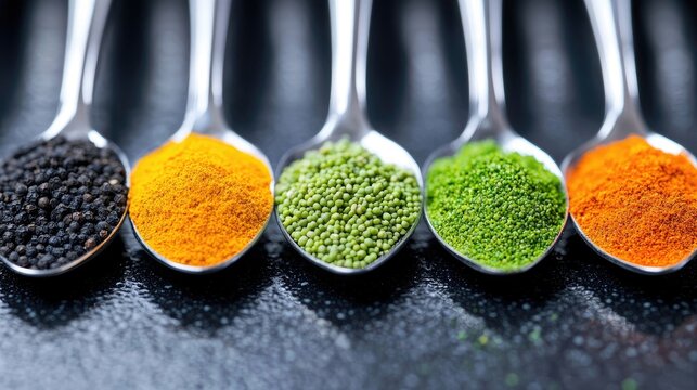 Close-up of five spoons filled with different colorful spices, arranged in a row. The spices include black peppercorns, turmeric, and green herbs. - Powered by Adobe