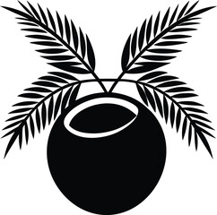 Black coconut fruit silhouette vector design with leaves