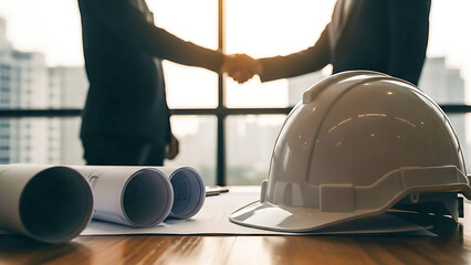 Construction Deal: Handshake, Plans, and Hard Hat