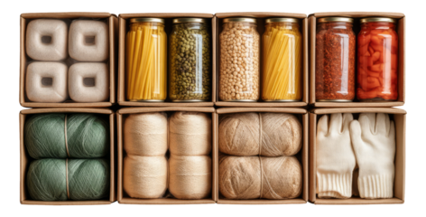 Organized Craft Supplies in Boxes with Jars and Balls of Yarn on a Wooden Surface
