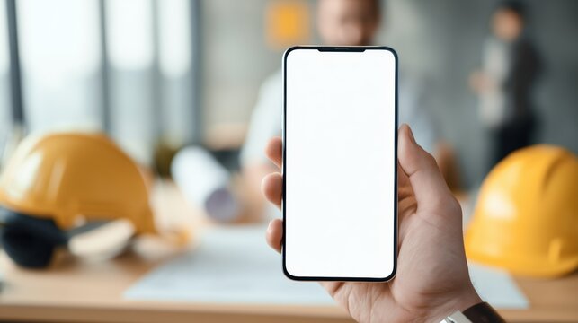 Smartphone Copy Space Held by Engineer – Office Desk Background – Industrial Workspace Mockup