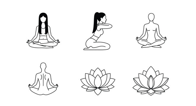 Yoga poses illustration meditation and lotus flower vector art
