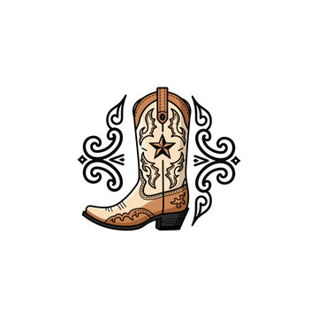 A stylized western cowboy boot featuring ornate scrollwork, intricate patterns, and a prominent star design.