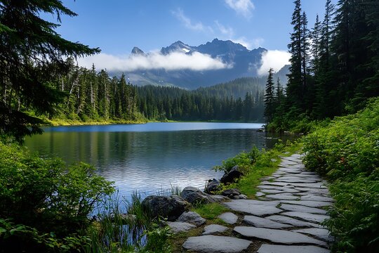 Scenic mountain lake with a stone path, lush trees, and clouds on sunny day