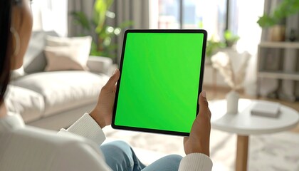 Over-the-shoulder view of a woman relaxing at home, holding a vertical tablet with a vibrant green screen display, perfect for content insertion or advertising mockups