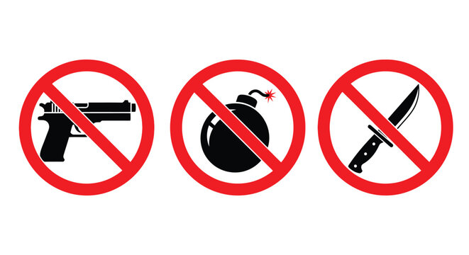 No guns bombs knives sign prohibition warning danger safety hazard