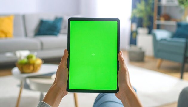 Over-the-shoulder shot of woman holding tablet with green screen in modern apartment - Powered by Adobe