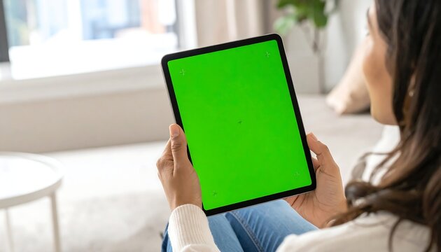 Close-up of a young woman's hands holding a digital tablet with a vibrant green screen, ready for personalized content, online interaction, or media display in a comfortable home setting