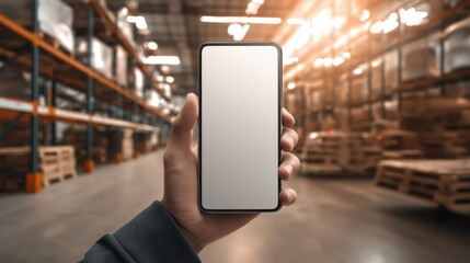 Worker Holding Smartphone in Warehouse – Industrial Tech Mockup – Logistics Display