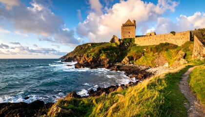 Historic Castle on a Rugged Coastal Cliff Overlooking the Ocean at Sunset.
