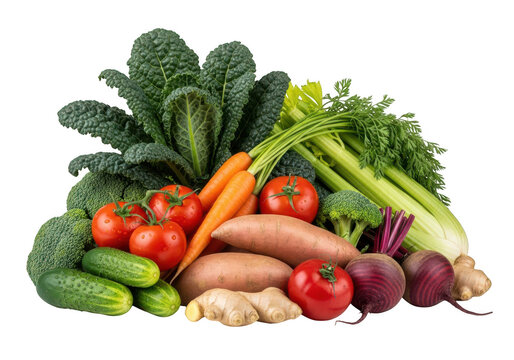 Assorted fresh vegetables including kale, carrots, tomatoes, broccoli, celery, and beets isolated on transparent background - Powered by Adobe