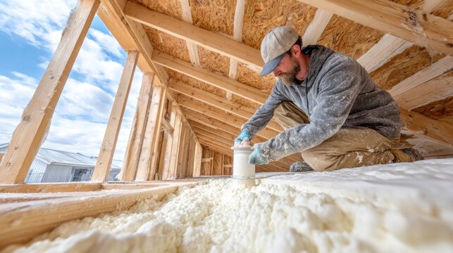 A construction worker installing insulation in a new house attic, sky visible