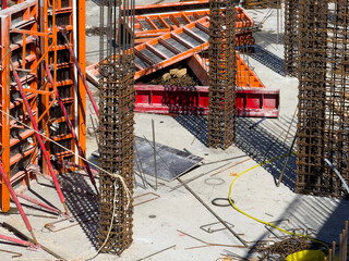 Concrete Columns and Metal Formwork Details in Rough Construction