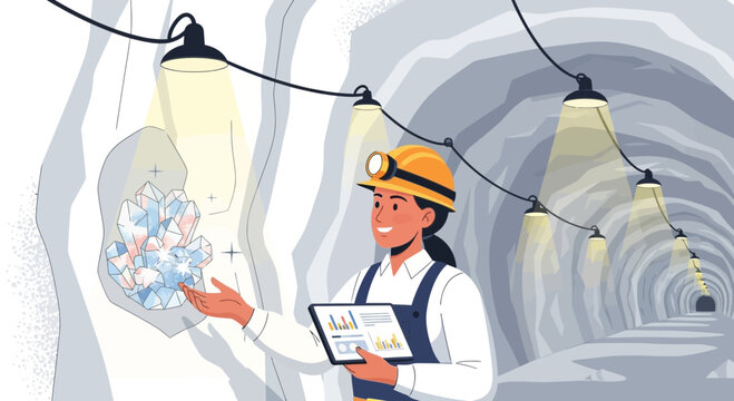 Miner Examining Crystal Vein Deep Underground Using Digital Data Analysis