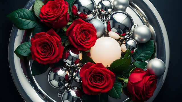 Romantic red roses with silver ornaments radiating elegance on a reflective tray, perfect for upscale events and sophisticated holiday promotions
