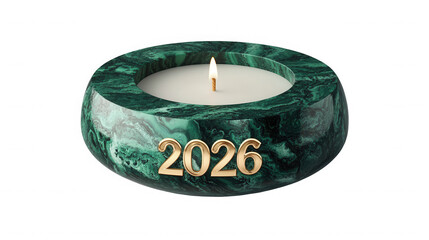 A green marble candle holder with a white candle and the year two thousand twenty six in gold letters on transparent background