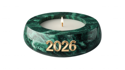 A green marble candle holder with a white candle and the year two thousand twenty six in gold letters on transparent background