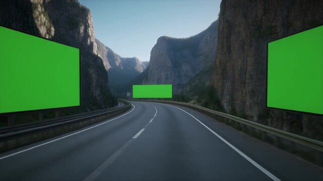 Empty highway through a mountain pass featuring multiple large blank green screen billboards, perfect for advertising and commercial mock-ups