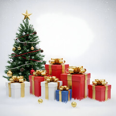 Christmas Tree with Colorful Ornaments and Gift Boxes Underneath in a Festive Scene