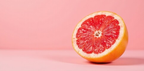 Half grapefruit, cut side up, on pink backdrop Clean, minimalist fruit image , section, refreshing
