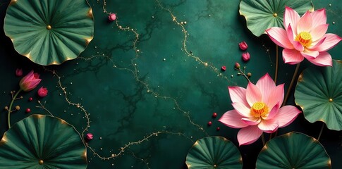 Luxury gold lotus vector background Marble texture, line art lily and leaves , fluid, vector