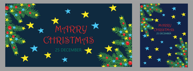 Christmas card and banner design featuring colorful stars, festive pine branches, and bright red berries on a dark background. Perfect for cheerful holiday card, winter banner, invitations, greetings.