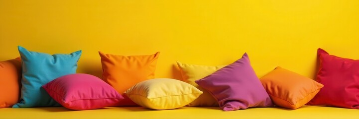 Scattered cushions in diverse colors against vivid yellow , colorful, summer, decor