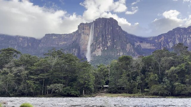 Static Drone Shot of Angel Falls With Ambient Water Sound in Canaima National Park