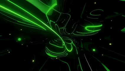 Dynamic 4K motion design video featuring bright neon green light trails smoothly curving and intersecting against a deep black futuristic backdrop providing a high quality motion graphic - Powered by Adobe