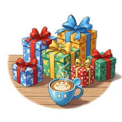 Pile of Colorful Wrapped Christmas Gift Boxes with Holiday Lights and Decorations