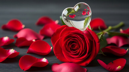 Elegant red rose with heart crystal, symbolizing love and romance, perfect for anniversaries, Valentine's Day, or heartfelt messages of affection