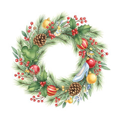 Festive Holiday Wreath with Pinecones and Red Berries