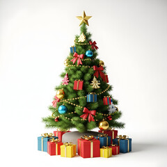 Decorated Christmas Tree with Star Topper on White Background