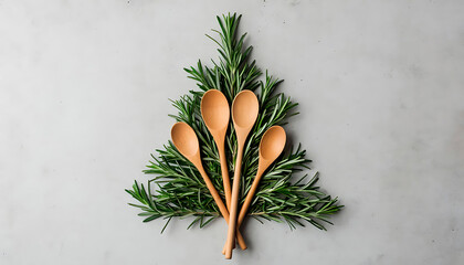 Rosemary sprigs arranged as a Christmas tree with wooden spoons. Culinary festive decoration idea for holiday recipes.