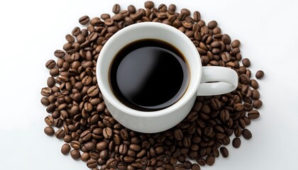 Fototapeta premium White cup full of black coffee placed on a pile of roasted coffee beans. Fresh brew beverage. Morning drink product.