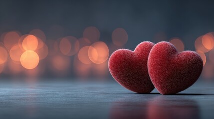 Fototapeta premium Two fluffy red hearts with beautiful bokeh lights background.