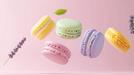Floating colorful macarons with flower	