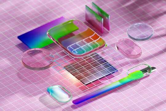 Glassmorphism 3D composition with colorful gradients and shapes