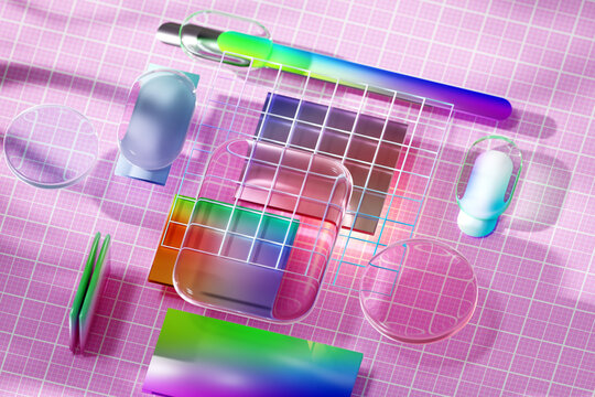Glassmorphism 3D composition with colorful gradients and shapes