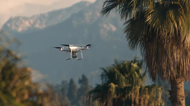 Drone Flying Over Palm Trees with Majestic Mountain View in Golden Hour