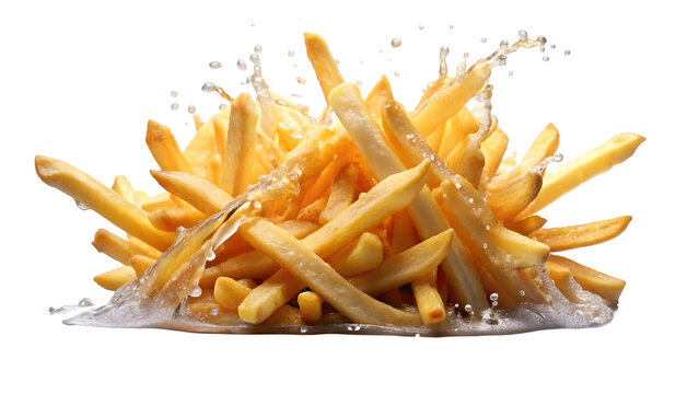 Golden french fries with splashing water for a refreshing and delicious snack, perfect for food ads, menus, and social media promotions, ready to eat!